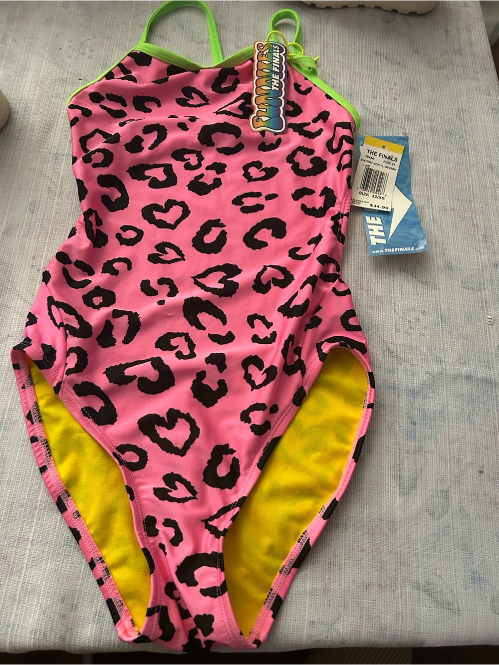 Women’s Pink Leopard One-Piece Swimsuit with Lime Trim by The Finals